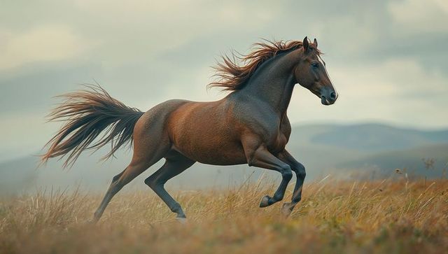 Majestic Chestnut Horse Galloping in Vast Meadow