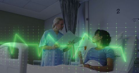 Doctor Consulting Patient with Digital Cardiograph Overlay