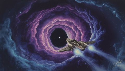 Twin-engine spacecraft heading into purple nebula vortex with glowing blue thrusters