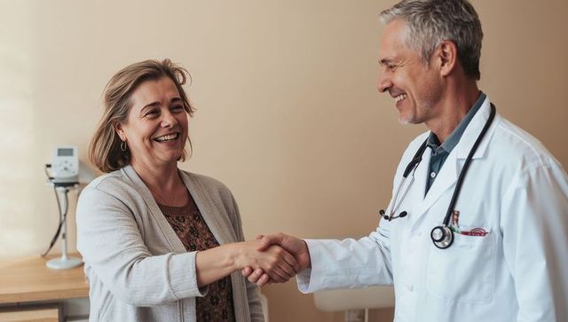 Middle-aged woman shaking hands with smiling doctor during medical consultation in clinic showing tr