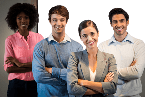 Diverse colleagues smiling with arms crossed on transparent background