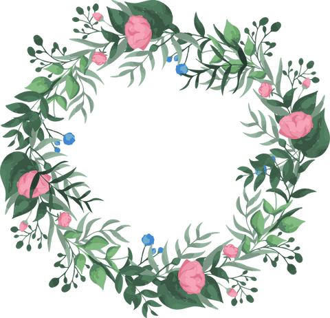 Elegant floral wreath with pink blooms and foliage on transparent background