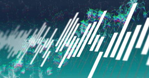 Data waveform pulsing and visualizing trends with white bars shifting across neon mesh