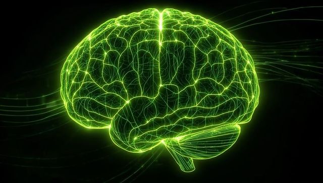 Futuristic Neon Wireframe Brain Hologram in Digital Space