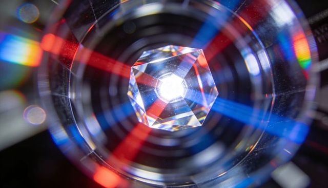 Faceted prism refracting red and blue beams with concentric optical rings and spectral glow