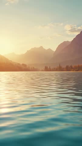 Sun Lowering Over Mountain Lake, Water Mirroring Golden Light, Ripples Shifting Vertical Video