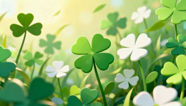 Glossy four-leaf clover and white shamrocks in sunlit meadow with warm bokeh glow