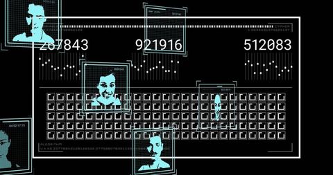 Displaying futuristic facial recognition dashboard with biometric grid and id overlays