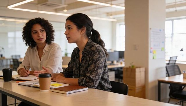 Two women collaborating at desk, taking notes and discussing ideas in modern open-plan office