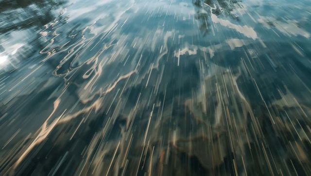 Abstract vertical motion streaks on reflective water surface with cloudy sky and ripples