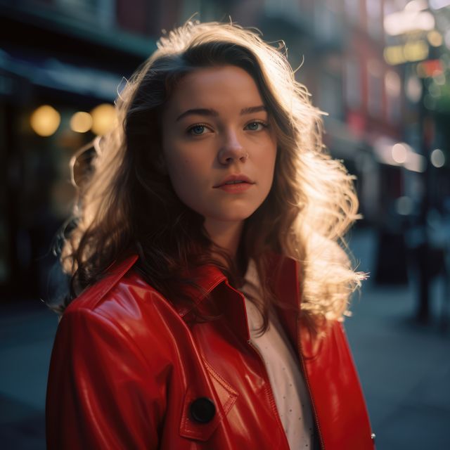 Stylish Woman in Red Jacket with Curly Hair on City Street - Download Free Stock Images Pikwizard.com