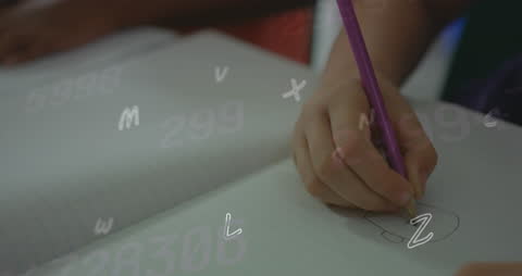 Child Drawing in Notebook with Floating Numbers Concept
