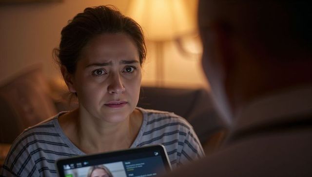 Worried woman watching tablet during late-night video call on sofa, moody intimate portrait