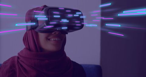 Biracial Woman Experiencing Virtual Reality with Glowing Data Trails