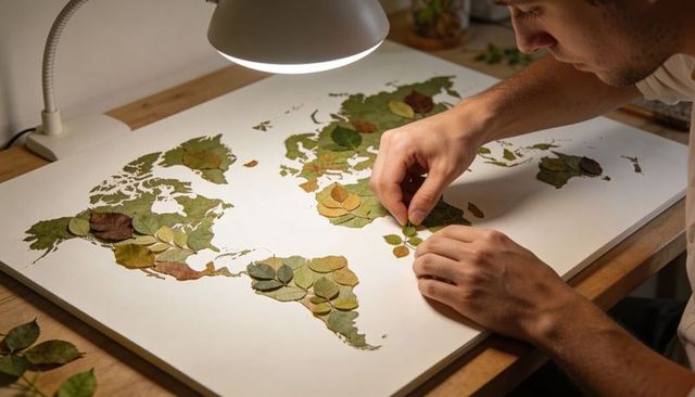 Hands crafting botanical world map collage with dried leaves on white board