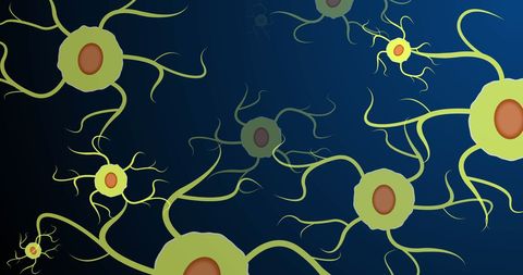 Abstract illustration of neuron cells blinking on dark blue background