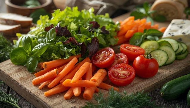 Rustic farmhouse salad prep with fresh carrots, tomatoes, cucumbers and mixed greens
