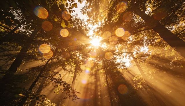 Golden sunbeams streaming through misty forest canopy with warm lens flare