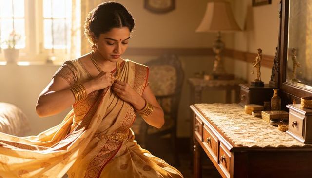 Indian woman fastening necklace while wearing golden silk saree in sunlit vintage dressing area