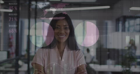 Smiling Businesswoman Analyzing Digital Finance Data in Office