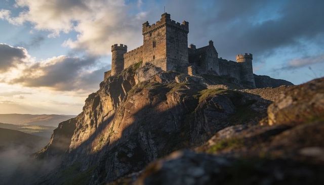 Basking medieval castle perched on rocky cliff at sunset with misty valley glow and dramatic sky