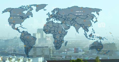 World map data overlaying city skyline showing network markers and geospatial infographic