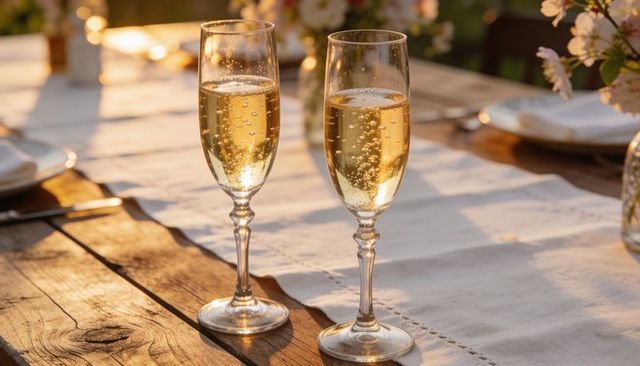 Sunlit champagne flutes sparkling with bubbles on rustic wood table with linen runner