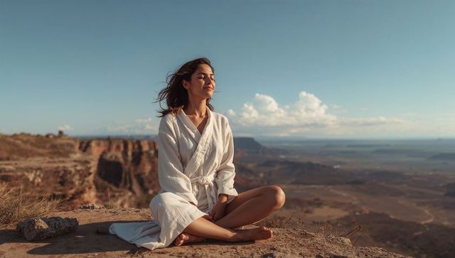 Woman meditating and breathing on canyon overlook wearing white robe