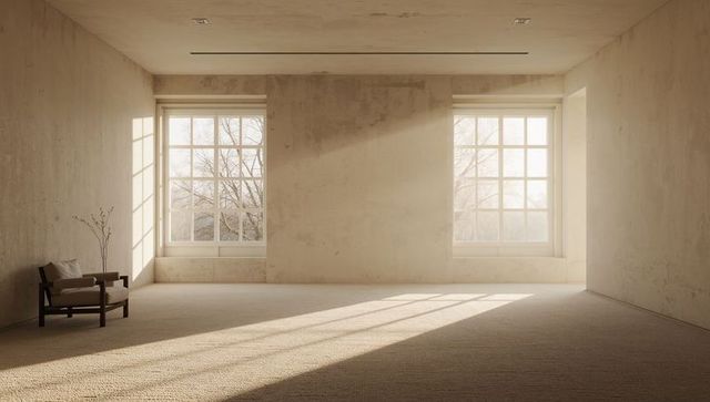 Minimalist Loft Interior with Sunlit Mullioned Windows and Wooden Armchair
