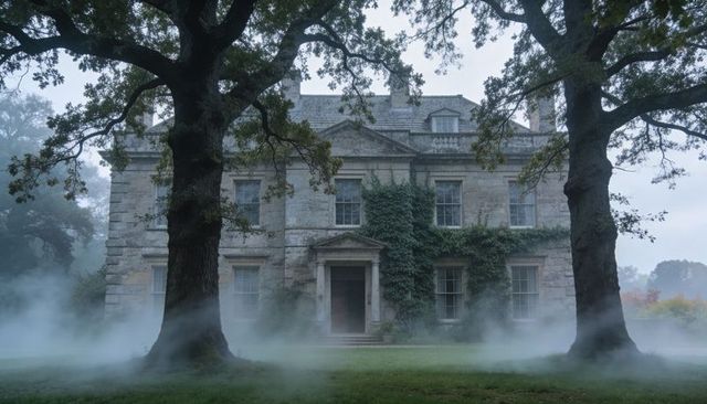 Fog-shrouded georgian manor with ivy-covered facade framed by ancient oak trees and dawn mist