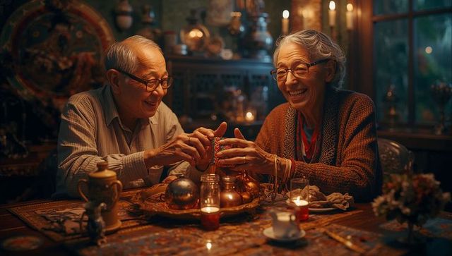 Senior Asian Couple Crafting Beaded Trinket at Antique-Filled Table