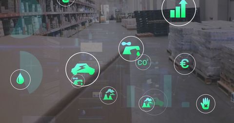 Digital Ecology Icons Floating in Modern Warehouse - Download Free Stock Images Pikwizard.com
