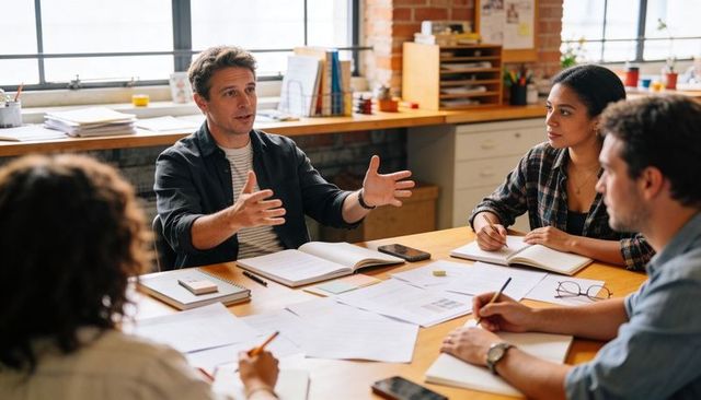 Team leader explaining strategy during creative office meeting around wooden table
