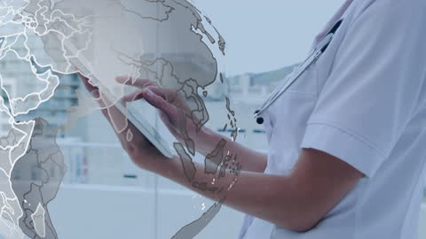Caucasian Female Doctor Using Tablet with Digital Globe Overlay