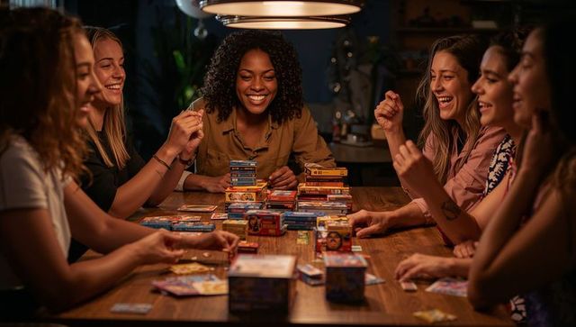 Cozy game night laughing diverse women playing card and tabletop games under warm lamp