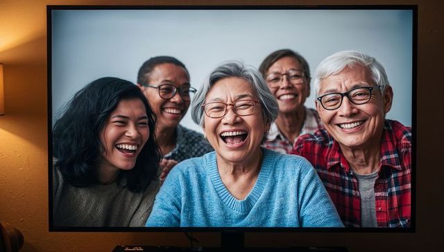 Multigenerational family laughing together on living room television during cozy evening