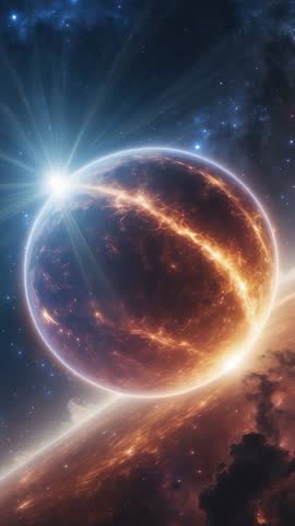 Vertical cinematic clip showing molten planet orbiting bright star inside nebula