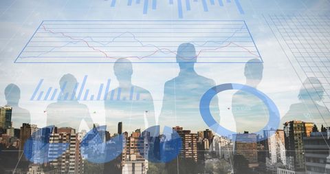 Global Business Finance Overlayed on Cityscape with Silhouettes - Download Free Stock Images Pikwizard.com