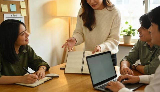 Team Collaborating Around Table While Woman Presenting Spiral Notebook During Brainstorming
