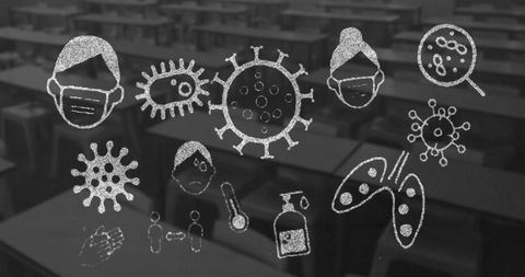 Covid-19 Icons Over Empty Classroom Background