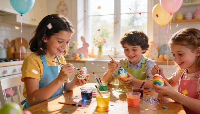 Kids painting easter eggs at kitchen table, siblings creating colorful spring crafts