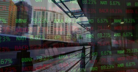 Financial Data Overlay on Urban Cityscape Captures Global Economy