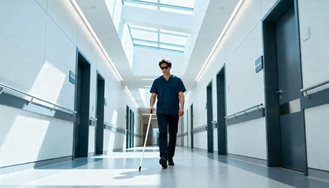 Walking asian healthcare worker using white cane in bright hospital corridor