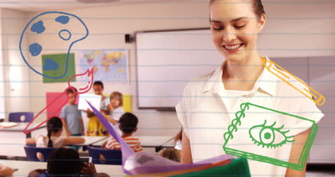 Creative Teacher in Classroom with Educational Animations