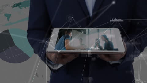 Businessman Holding Tablet with Network Connection Overlay