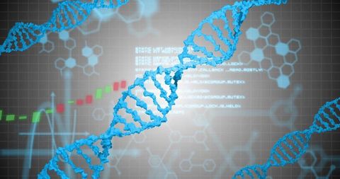 3D Blue DNA Helix Running Diagonally with HUD Code, ECG Waveform and Hex Grid Visualization