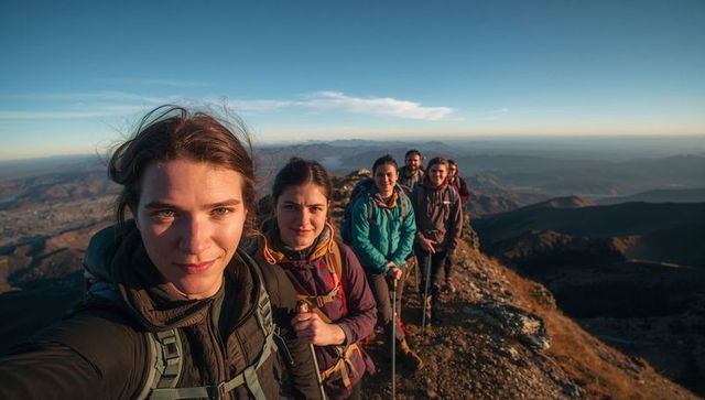 Group hikers taking selfie on mountain ridge at sunrise with backpacks and trekking poles