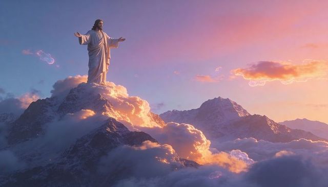 Majestic christ statue embracing golden dawn atop snowy mountain with luminous cloud glow