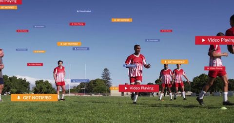 Soccer players running on field with notification overlays
