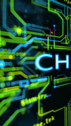 Revealing neon PCB circuitry with CHAT wordmark in vertical futuristic animation